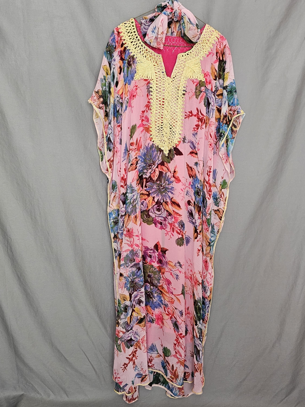 Silk Chiffon Pink Floral Maxi Caftan with Gold Crochet V-Neck - Picture 3 of 10